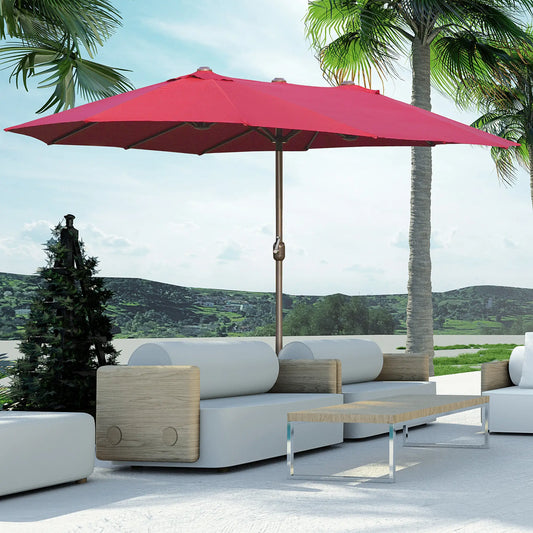 15' Outdoor Patio Umbrella, Twin Canopy Sunshade, Lift Crank, Wine Red Sun Umbrellas Wine Red at Gallery Canada