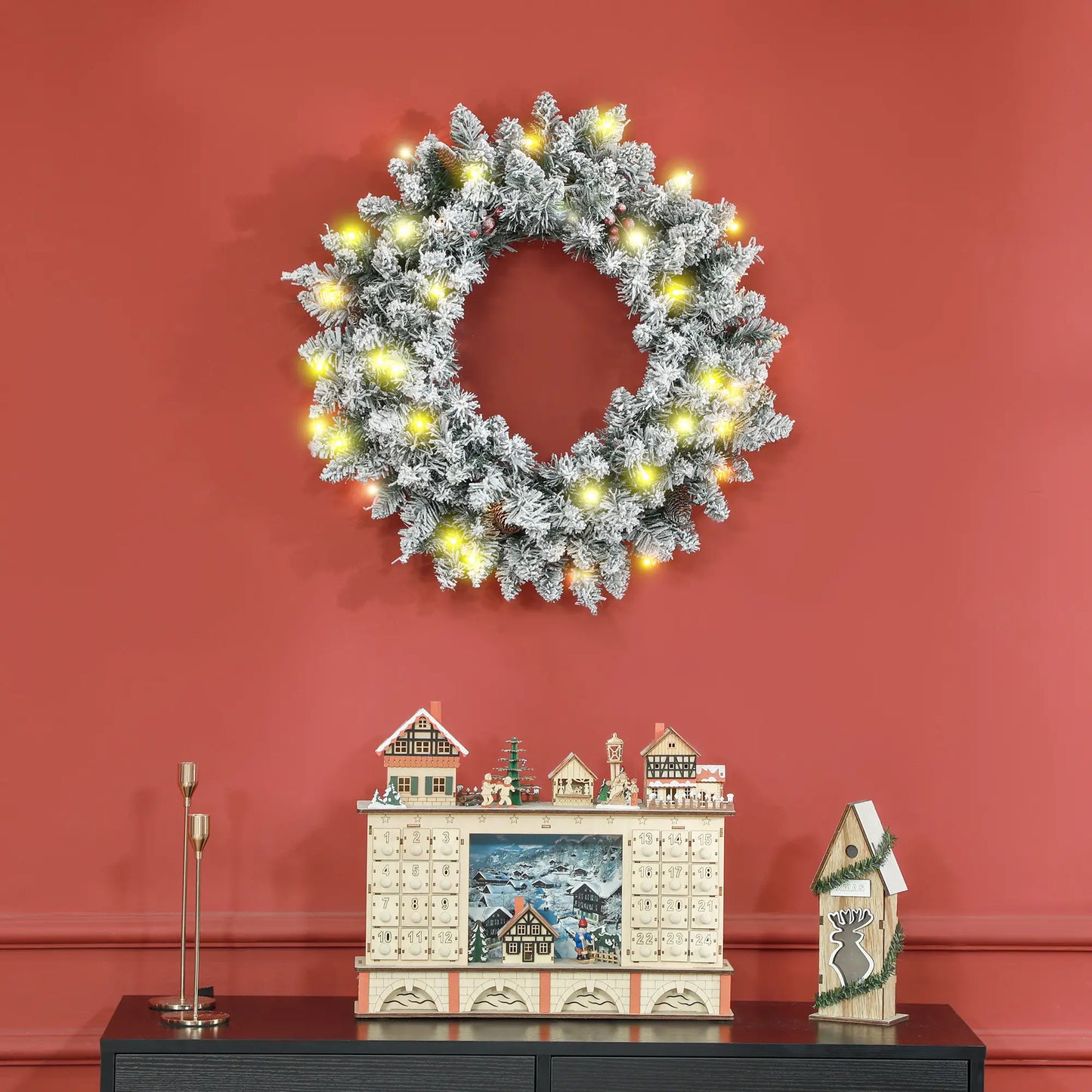 24" Flocked Christmas Wreath with Lights, Pine Cones, Berries, Green Christmas Wreaths at Gallery Canada