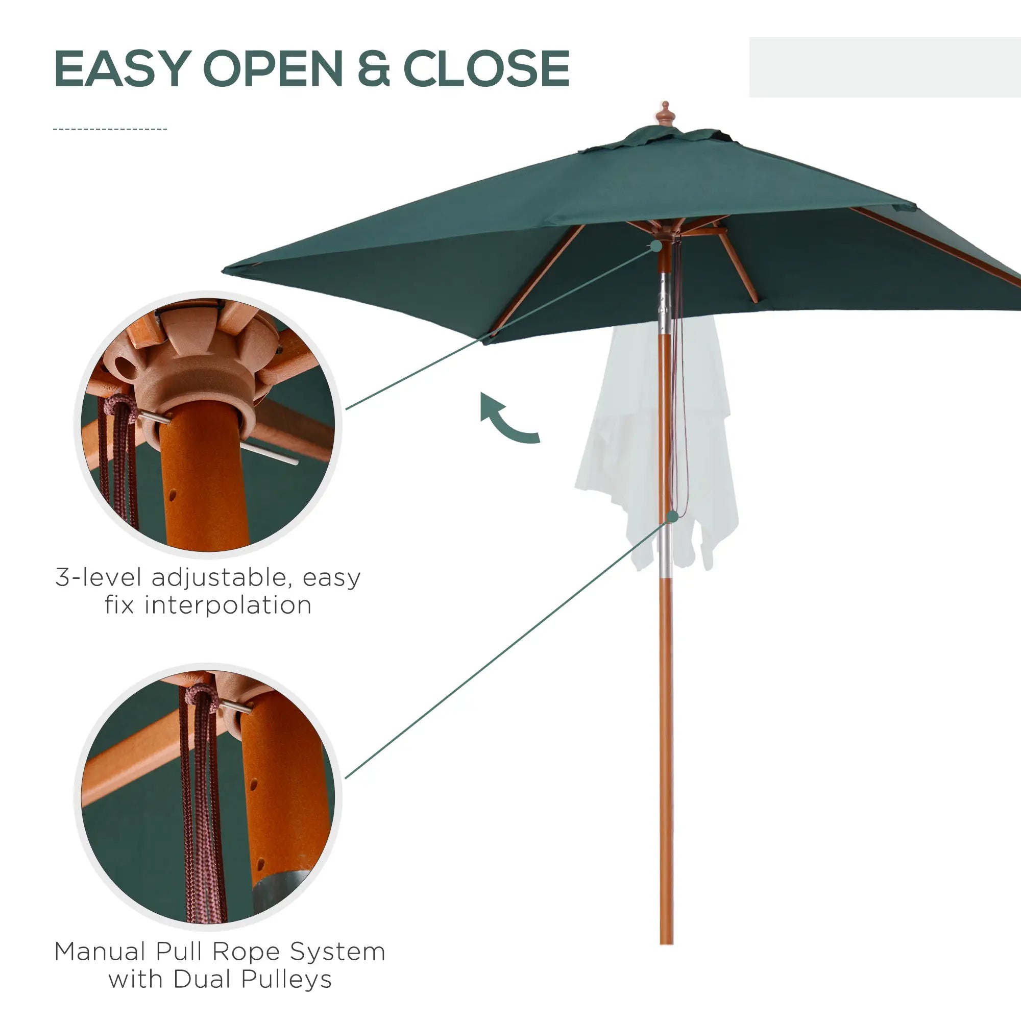 6.6x5ft Square Wooden Patio Umbrella, Tilt Mechanism, 6 Bamboo Ribs, Green Sun Umbrellas at Gallery Canada