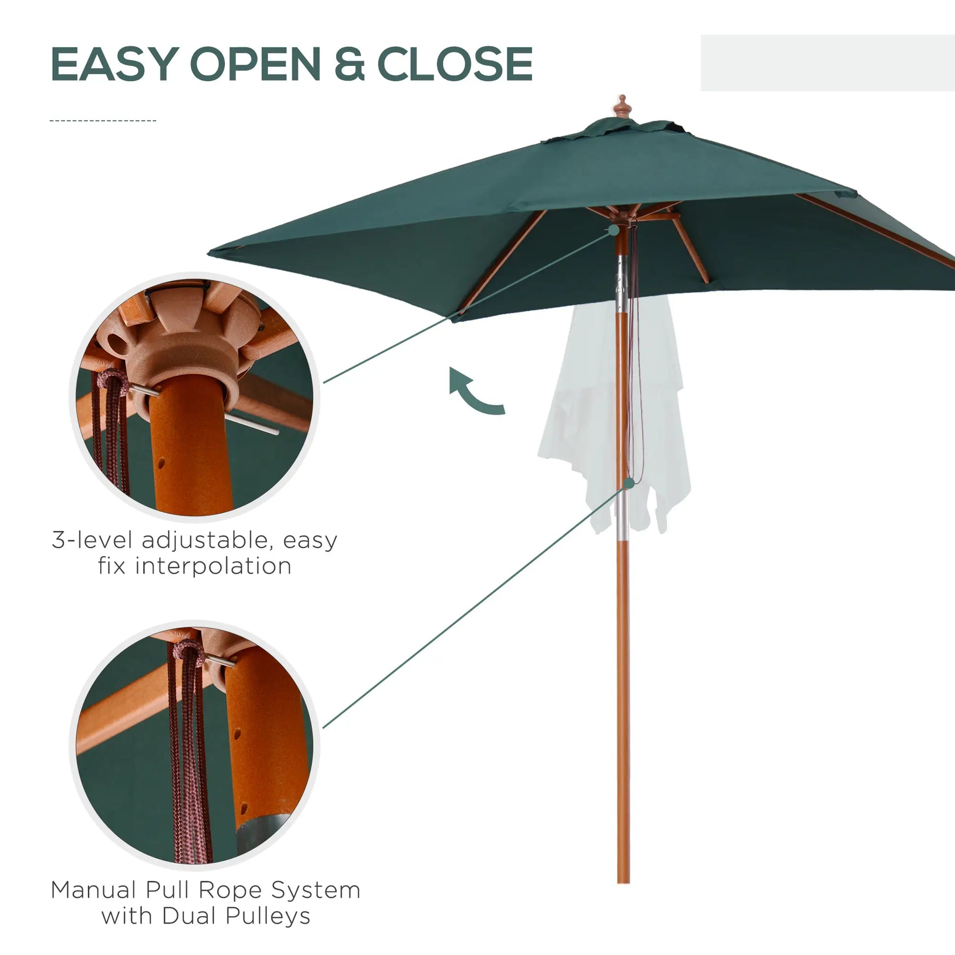 6.6x5ft Square Wooden Patio Umbrella, Tilt Mechanism, 6 Bamboo Ribs, Green Sun Umbrellas at Gallery Canada
