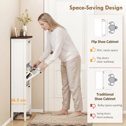 Shoe Cabinet with 3 Flip Drawers, Farmhouse Narrow Shoe Storage Cabinet with Adjustable Shelves, White Shoe Storage Cabinets & Racks at Gallery Canada