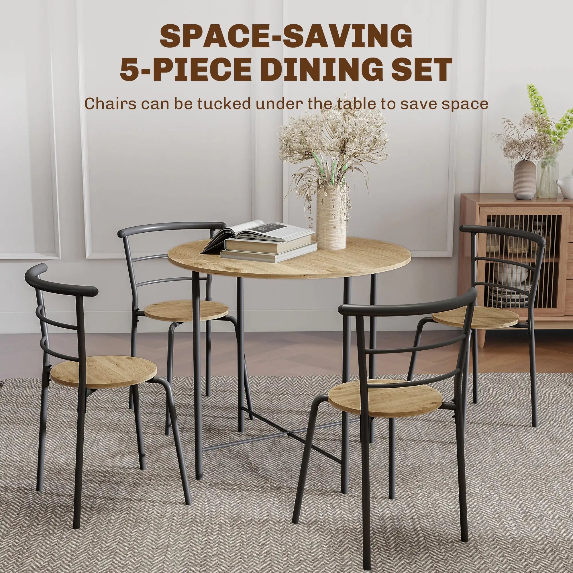 5 Piece Dining Table Set, Round for 4, Metal Frame, Natural Dining Table Sets at Gallery Canada