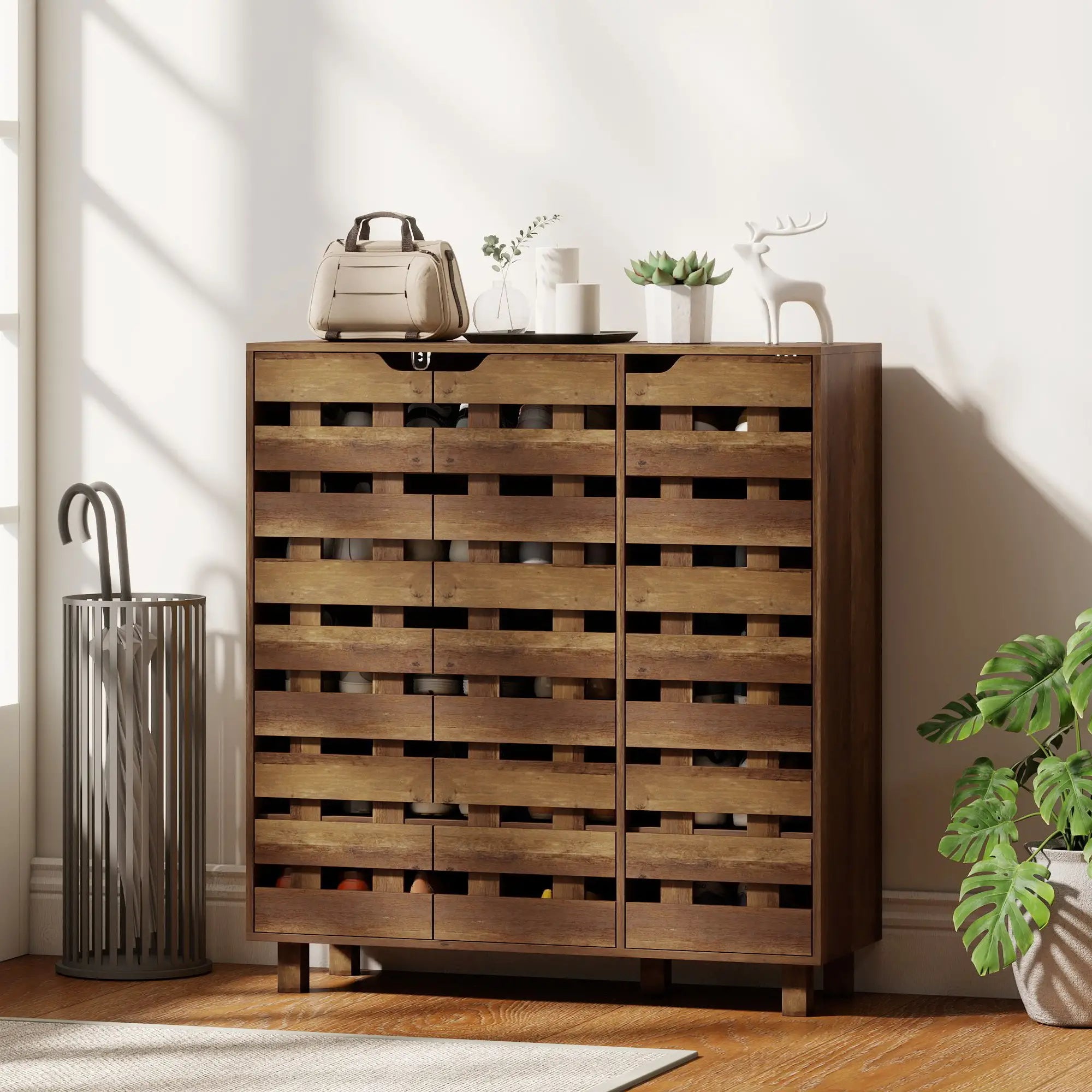 Shoe Cabinet, 21 Pair Storage, Hollowed-Out Doors, Distressed Brown Shoe Storage Cabinets & Racks at Gallery Canada