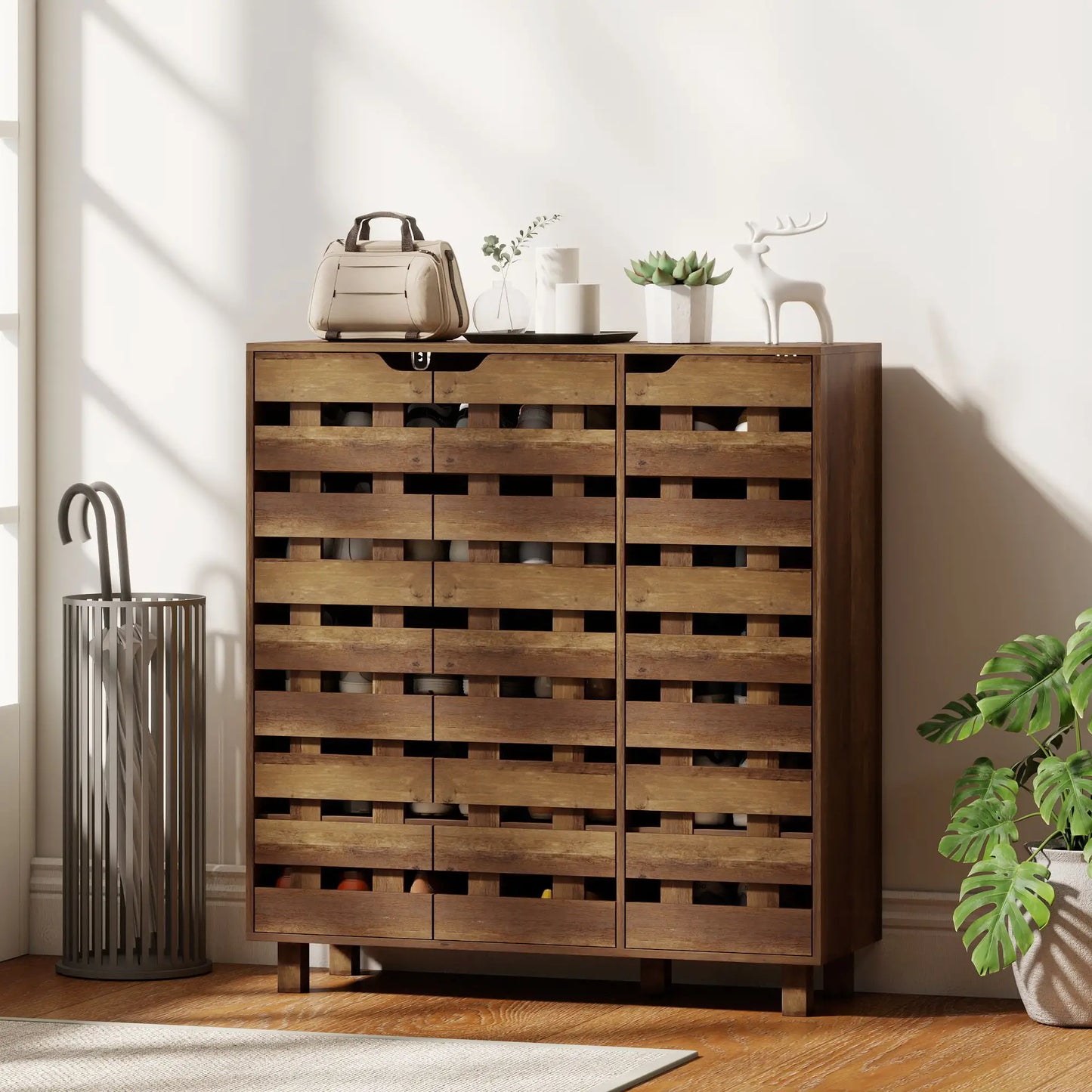 Shoe Cabinet, 21 Pair Storage, Hollowed-Out Doors, Distressed Brown Shoe Storage Cabinets & Racks at Gallery Canada