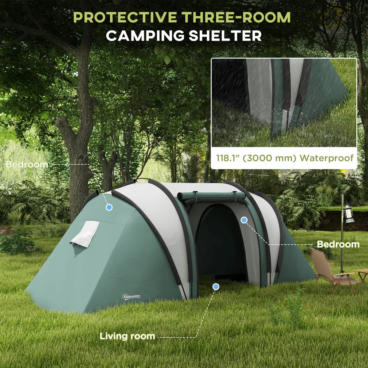 Camping Tent, 2 Bedrooms, Living Area, 3000mm Waterproof, Army Green Camping Tents at Gallery Canada