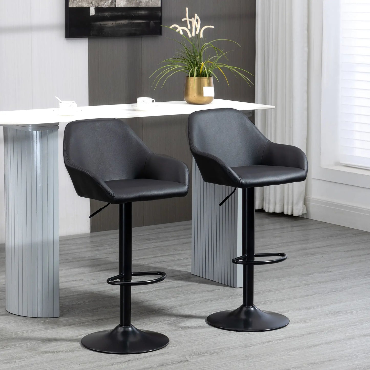 Adjustable Bar Stools Set of 2, Swivel with Footrest, PU Leather, Black Bar Stools at Gallery Canada