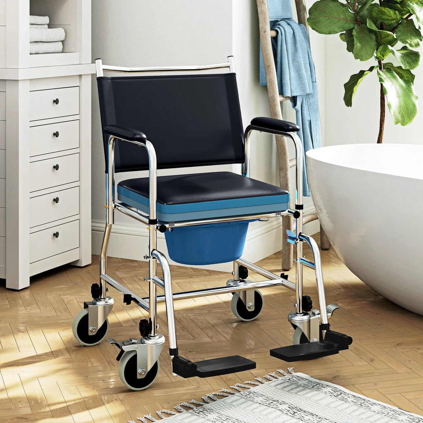 Rolling Shower Chair, Bedside Commode Wheelchair, Padded Seat, 300 lbs, Black Bath Chairs at Gallery Canada