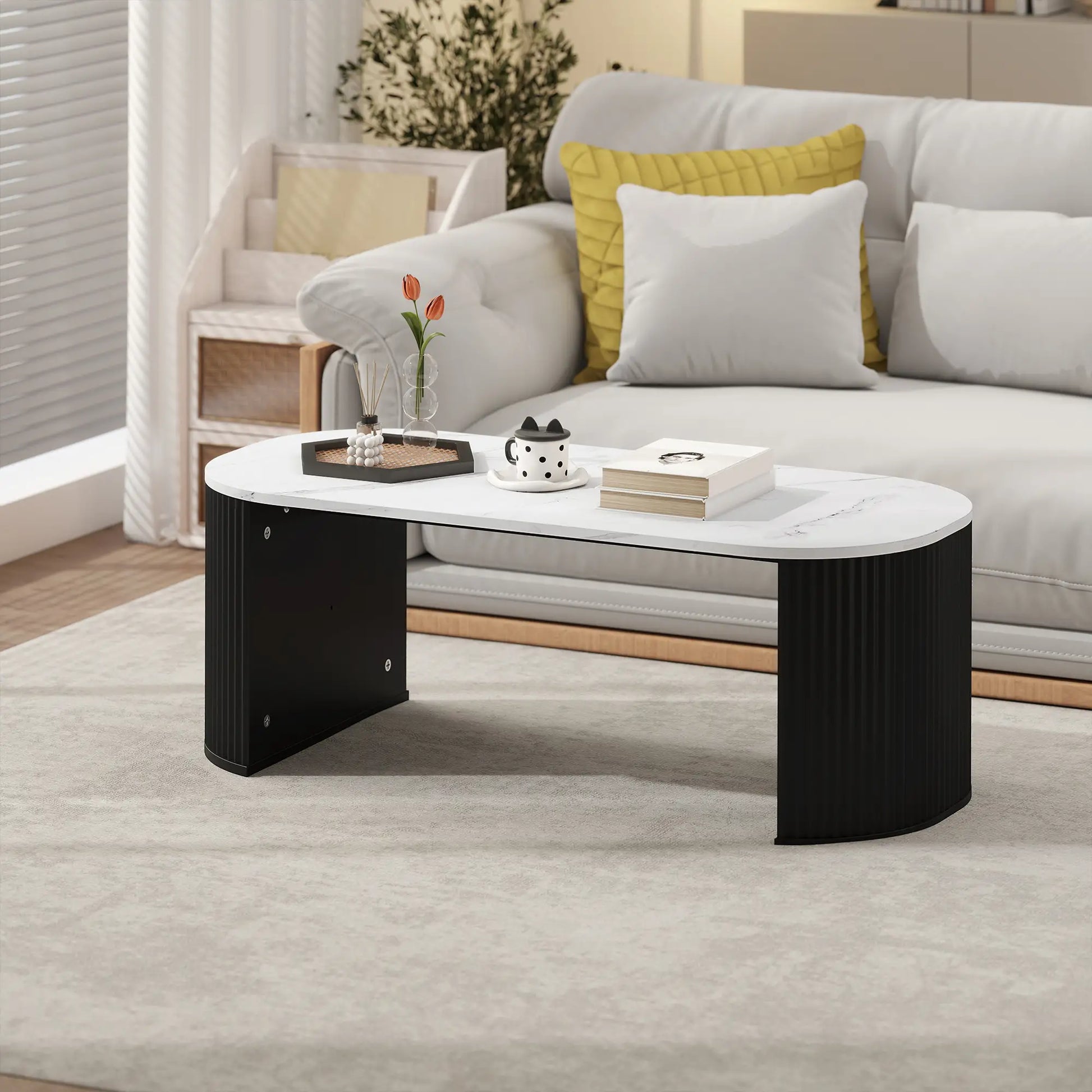 Modern Marble-Effect Coffee Table, Round Corners, Thicken Legs, Black Coffee Tables at Gallery Canada