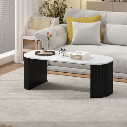 Modern Marble-Effect Coffee Table, Round Corners, Thicken Legs, Black Coffee Tables at Gallery Canada