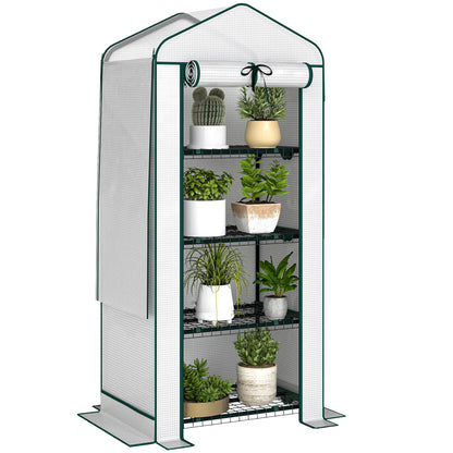 Mini Greenhouse, 27.6" x 19.7" x 62.2", Screen Roof, Roll-Up Door, White