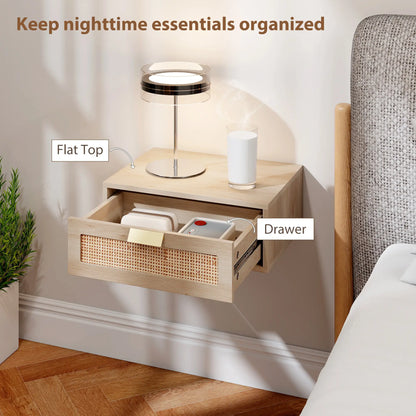 Floating Bedside Tables Set Of 2, Wall Mounted Nightstands, Rattan Drawer, Wood Effect, Oak Bedside Tables at Gallery Canada