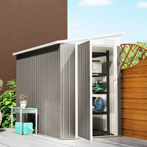 4' x 8' Outdoor Storage Shed, Metal Tool Shed, Lockable Door, Light Grey