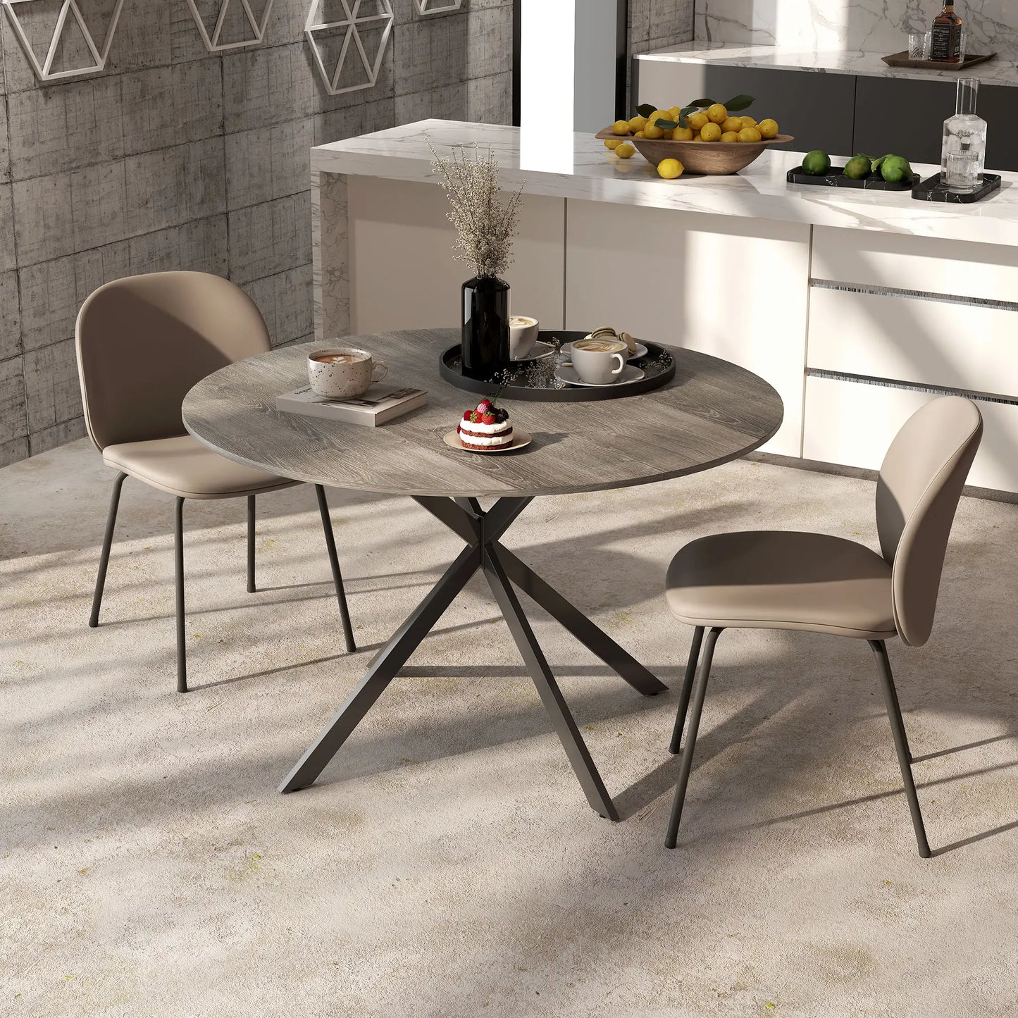 47" Round Kitchen Table for 4, Industrial Dining Table, Wood Grain, Black, Grey Dining Tables at Gallery Canada