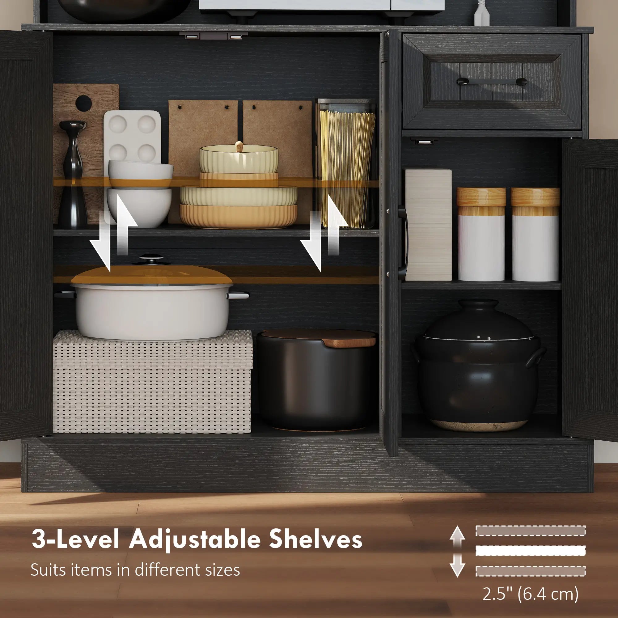 71 Inch Pantry Cabinet with Charging Station, Microwave Stand, Adjustable Shelves, Black Kitchen Pantry Cabinets at Gallery Canada