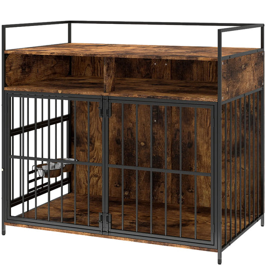 Dog Crate Furniture With Rotating Feeding Station, Rustic Brown Dog Cages & Crates Rustic Brown, Black at Gallery Canada