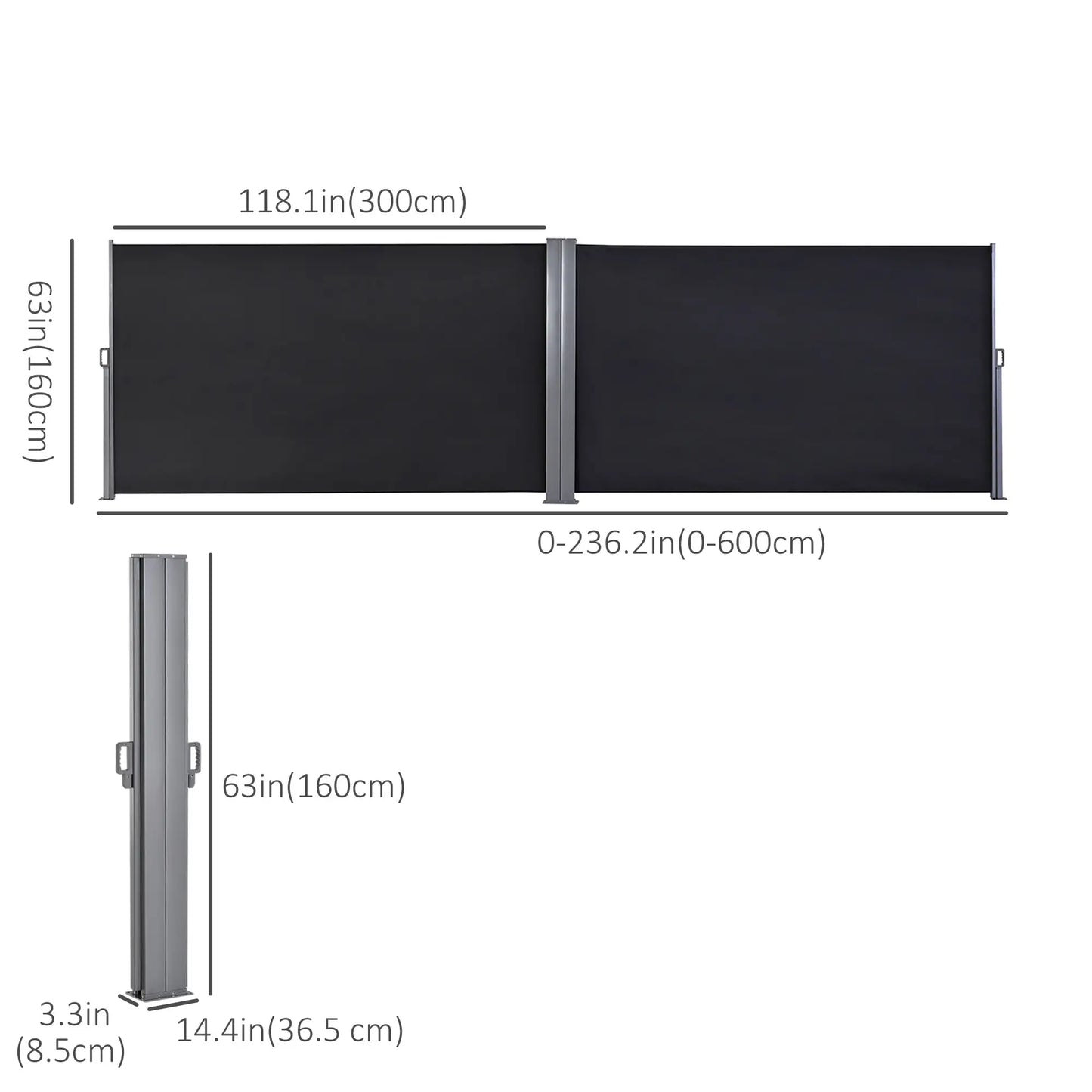 236" x 63" Outdoor Privacy Wall, Double Retractable Awning, Black Side Awnings at Gallery Canada