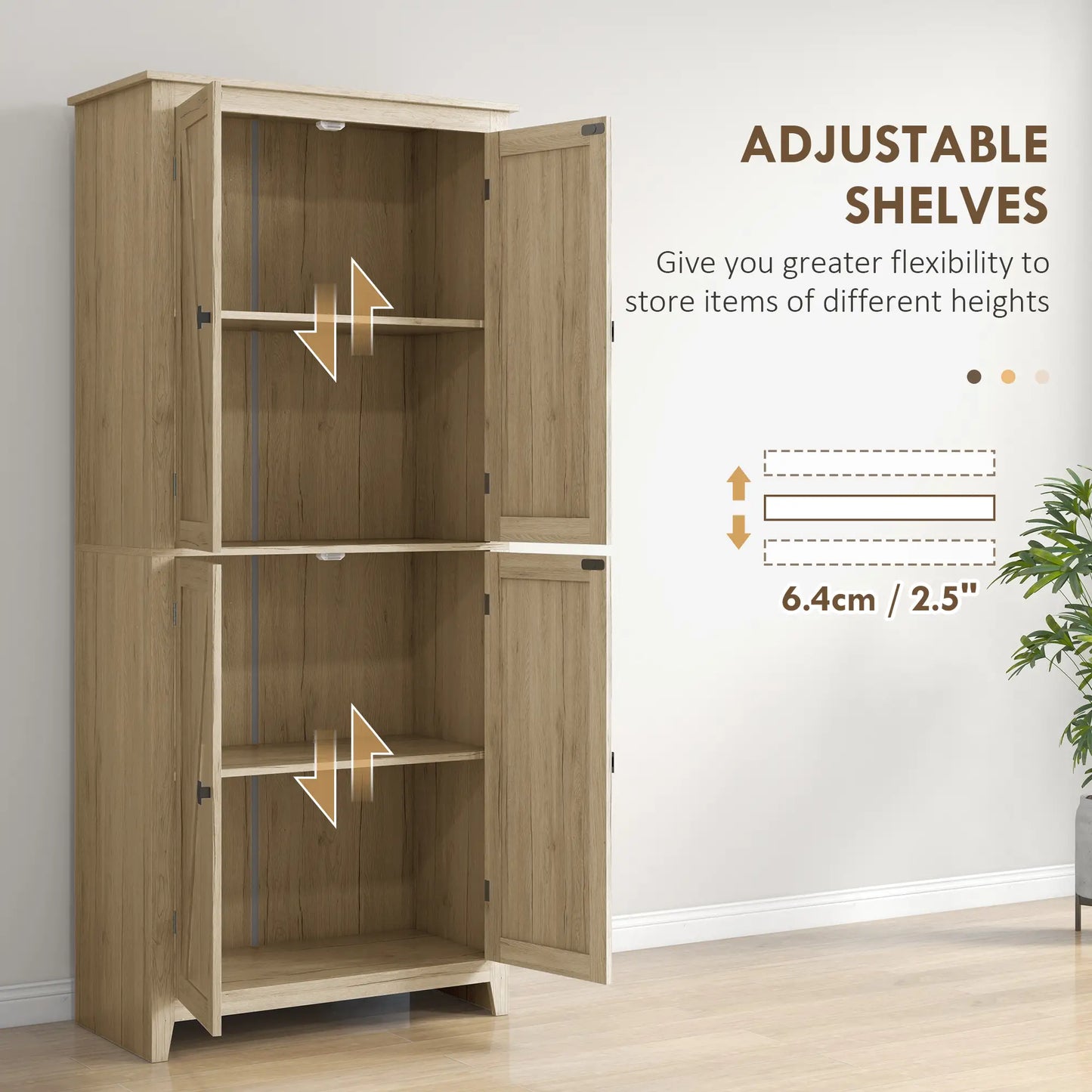 72" Freestanding Storage Cabinet, Kitchen Pantry with Doors, Shelves, Natural