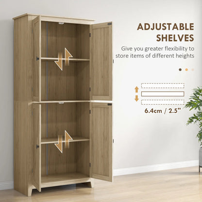 72" Freestanding Storage Cabinet, Kitchen Pantry with Doors, Shelves, Natural