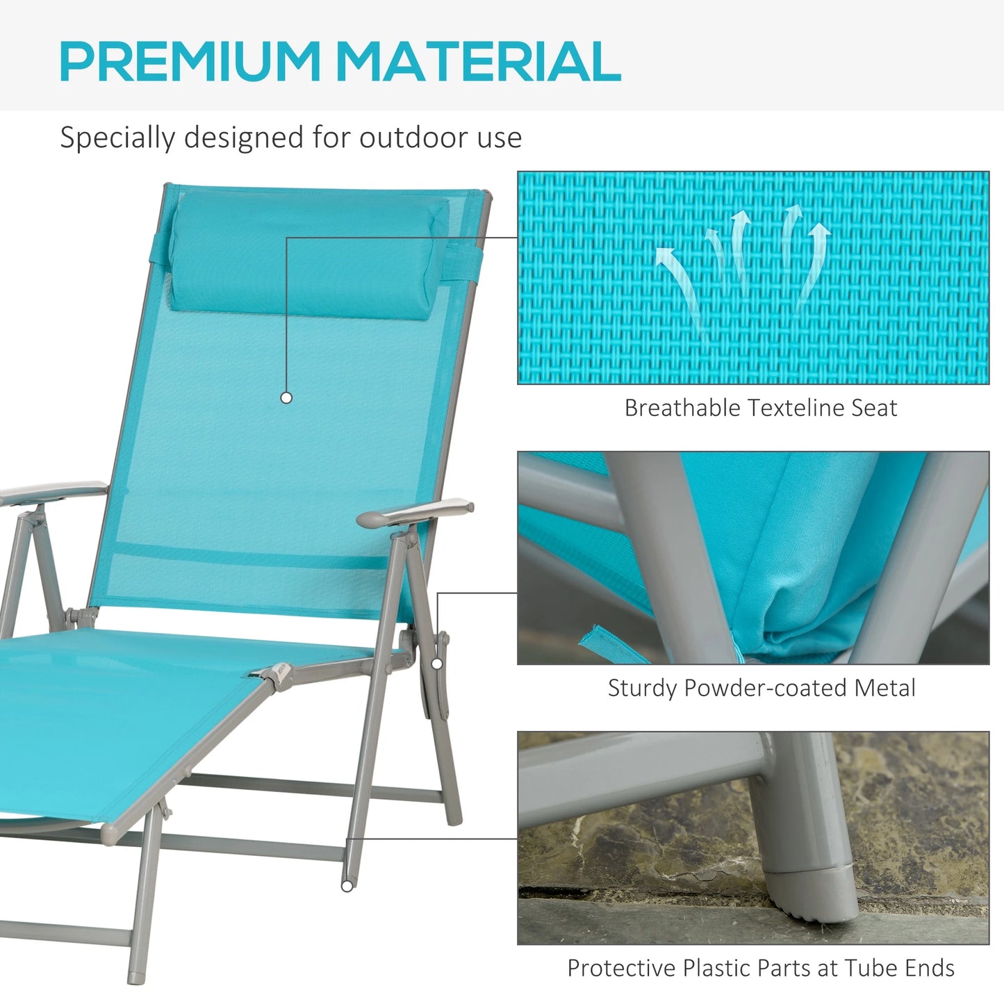 Outdoor Folding Chaise Lounge, Adjustable Backrest, Cushion, Headrest, Blue Lounger Chairs at Gallery Canada