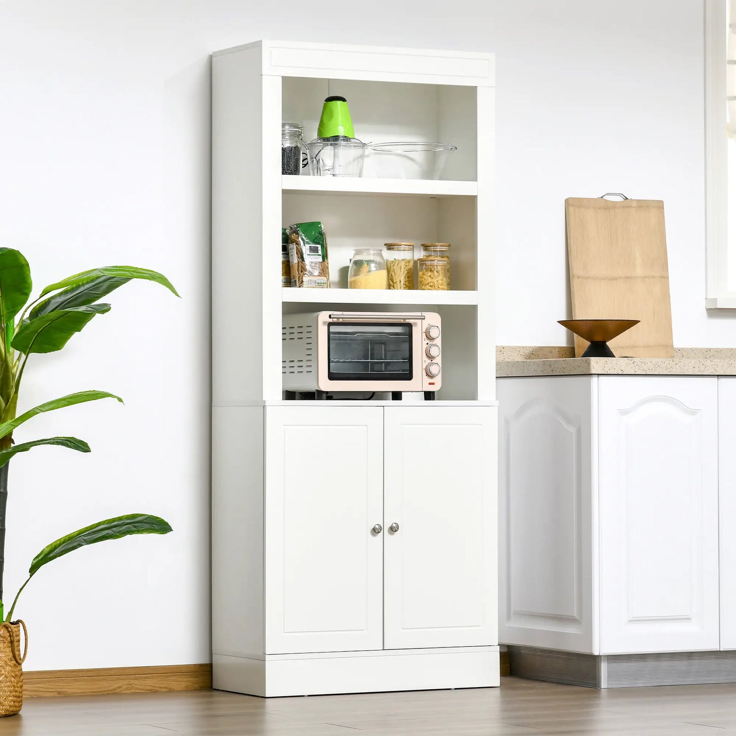 72" Kitchen Buffet, Hutch, Freestanding Cupboard, Wood Grain, White Kitchen Pantry Cabinets at Gallery Canada