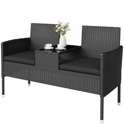 PE Rattan Loveseat with Cushion, Mid-Table, Black Patio Chairs Black at Gallery Canada
