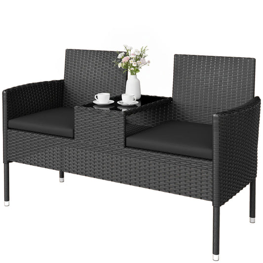 PE Rattan Loveseat with Cushion, Mid-Table, Black Patio Chairs Black at Gallery Canada