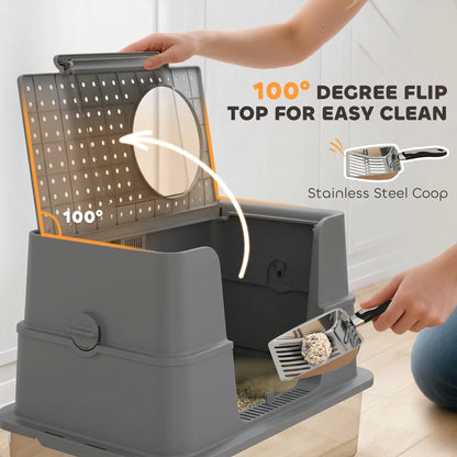 XL Stainless Litter Box With 100° Flip Top, Scoop, Dual Entry, Stainless