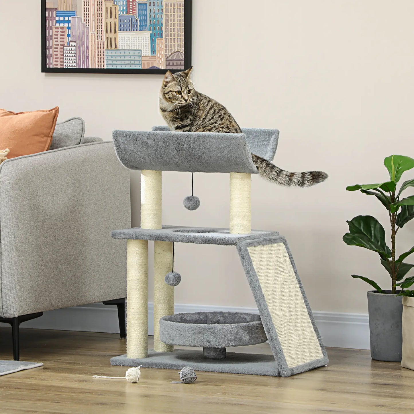 Small Cat Tree with Perch, Scratching Posts, Light Grey Cat Posts at Gallery Canada