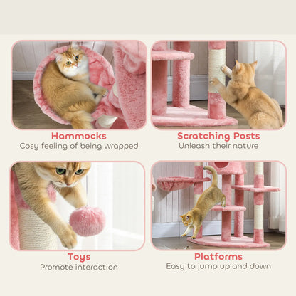 62" Cat Tree With Scratching Post, 2 Condos, Hammock, Pink