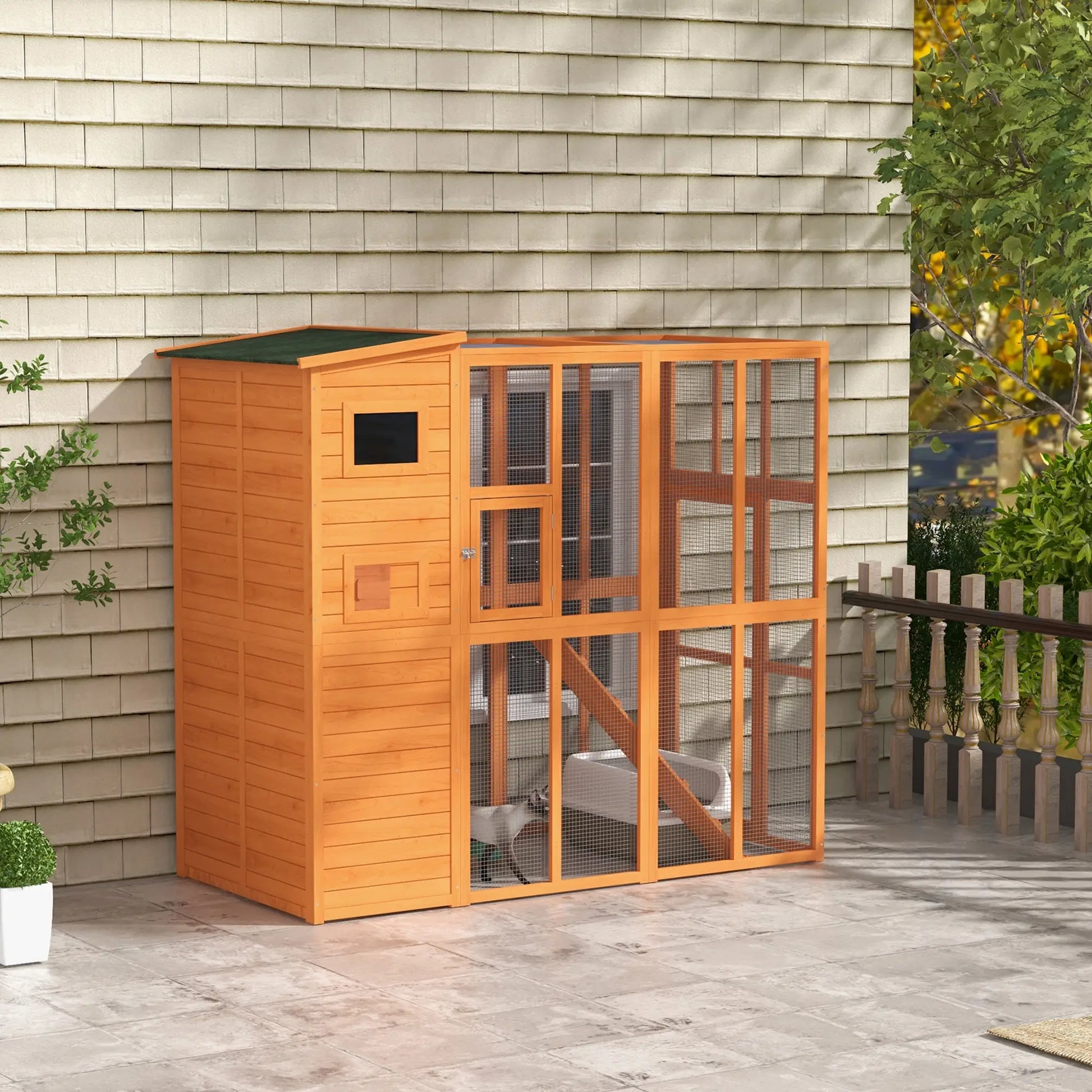 68.75" H Large Wooden Outdoor Cat House with Run, Catio, Condo, Natural Outdoor Cat Enclosures Natural at Gallery Canada