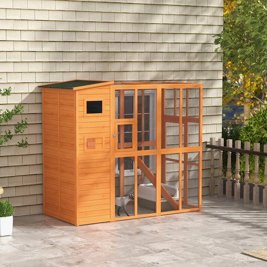 68.75" H Large Wooden Outdoor Cat House with Run, Catio, Condo, Natural Outdoor Cat Enclosures Natural at Gallery Canada
