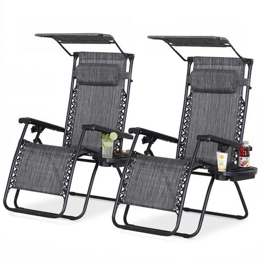 2 Piece Foldable Lounge Chair with Canopy, Outdoor Zero Gravity Chair, Dark Grey Lounger Chairs Dark Grey at Gallery Canada