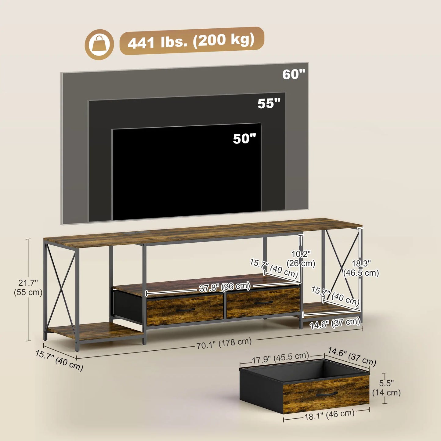 Industrial TV Stand For 60 Inch TV, Rustic Brown, With Charging Station And RGB LED Lights, Brown TV Stands at Gallery Canada