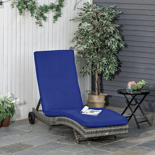Adjustable Wicker Chaise Lounge with Cushion, Wheels, Dark Blue