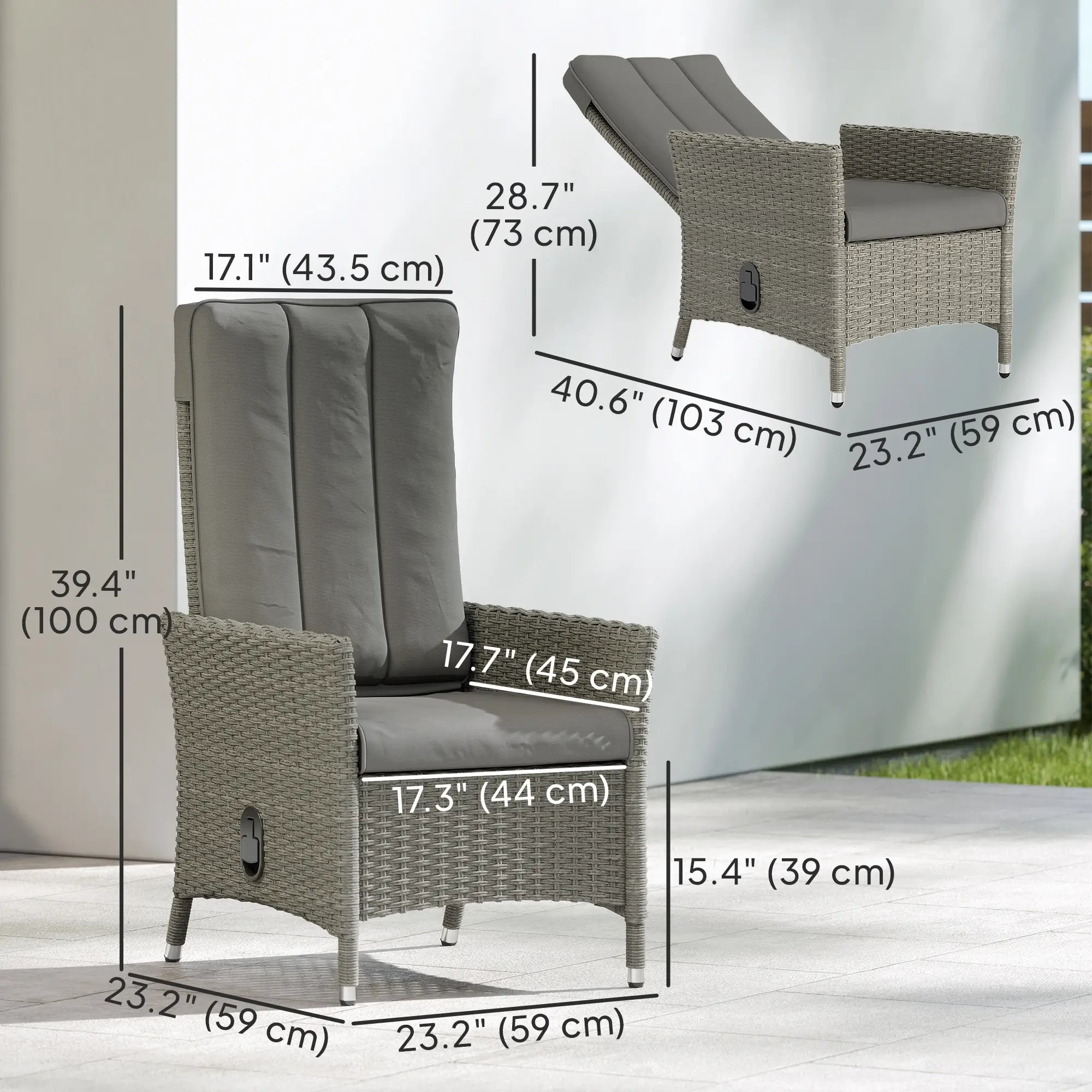 Wicker Outdoor Recliner Chair, Adjustable Backrest With Cushion, Grey Wicker Chaise Loungers at Gallery Canada