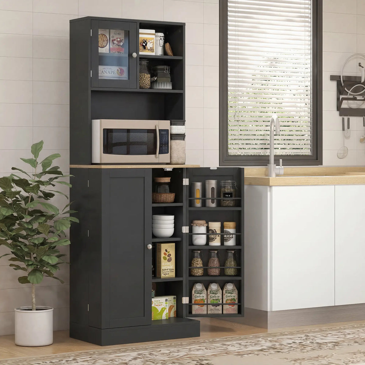 66.5" Tall Kitchen Pantry Cabinet, Microwave Cabinet, Black Kitchen Pantry Cabinets at Gallery Canada
