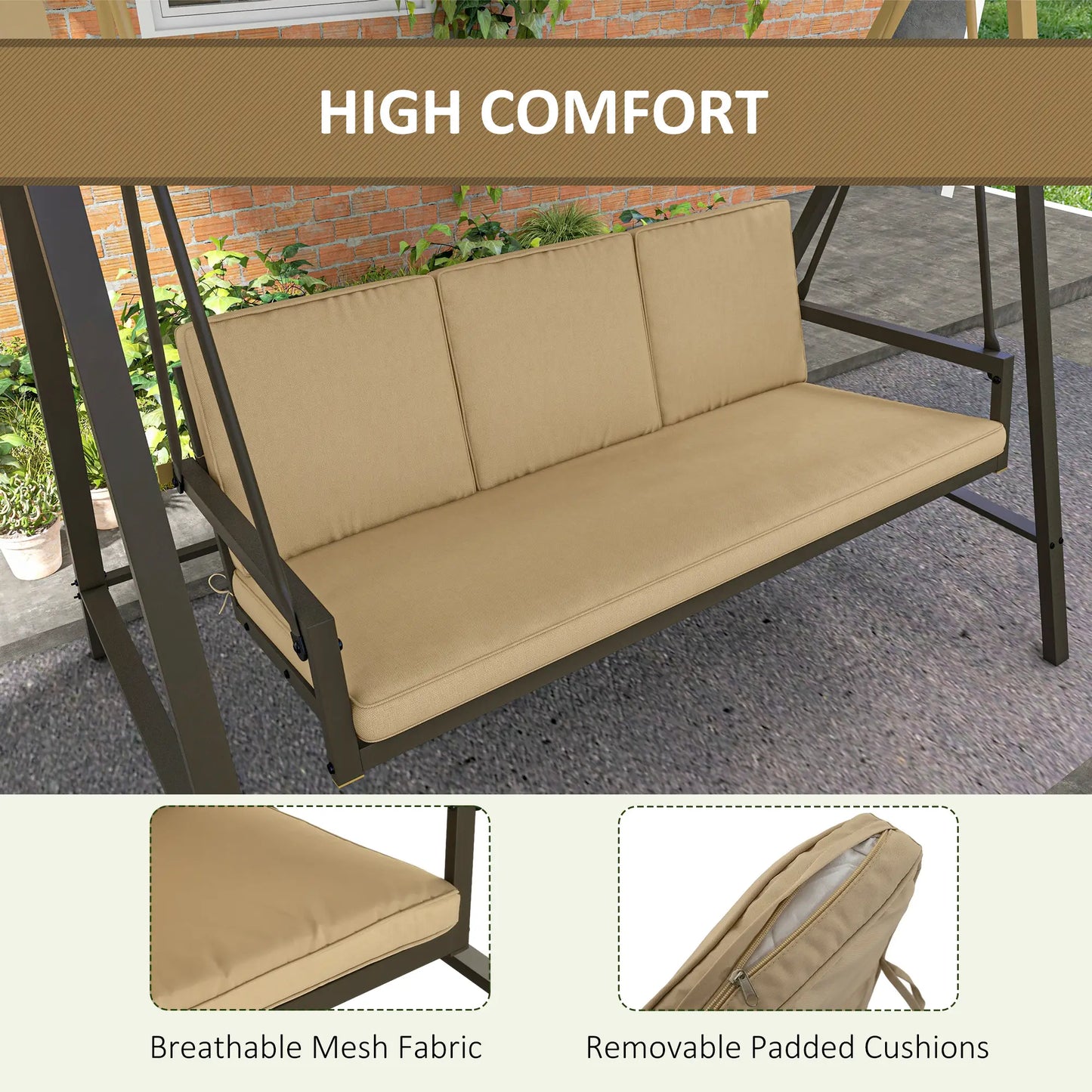 3 Seater Patio Swing Chair, Adjustable Canopy, Removable Cushions, Beige Patio Swings with Stand at Gallery Canada