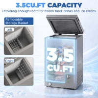 Congélateur coffre 3,5 pi³, thermostat à 7 réglages, panier en fil, gris
