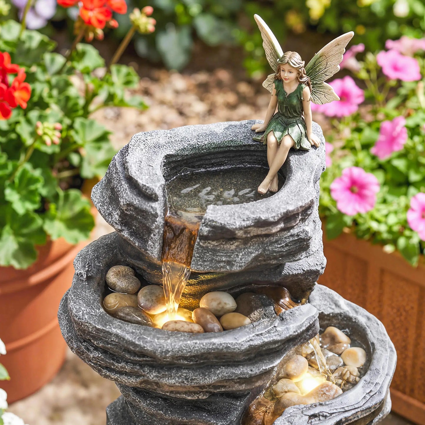 Outdoor 6-Tier Water Fountain, Waterfall With LED Lights, Resin Feature, Grey Water Fountains at Gallery Canada