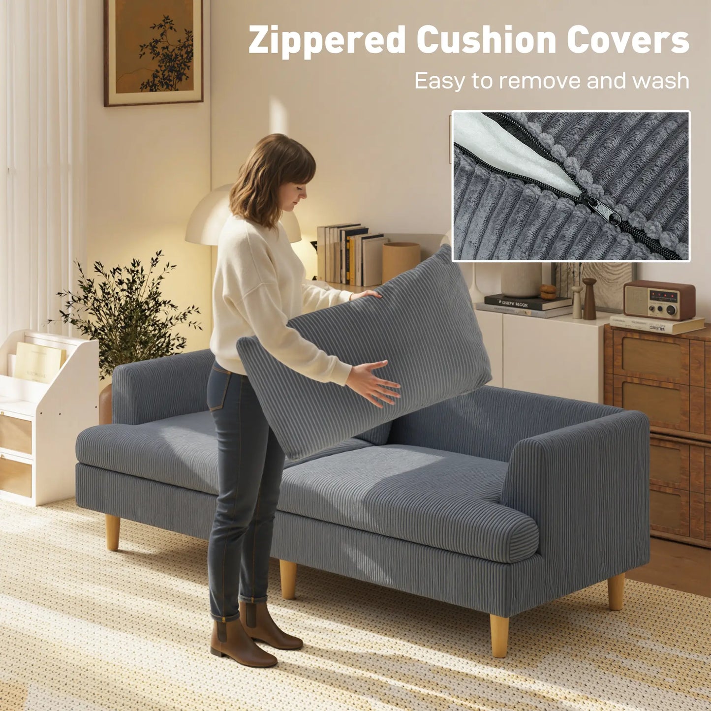 Canapé 3 places, 74" Canapé en velours côtelé, Pieds en bois massif, Gris foncé