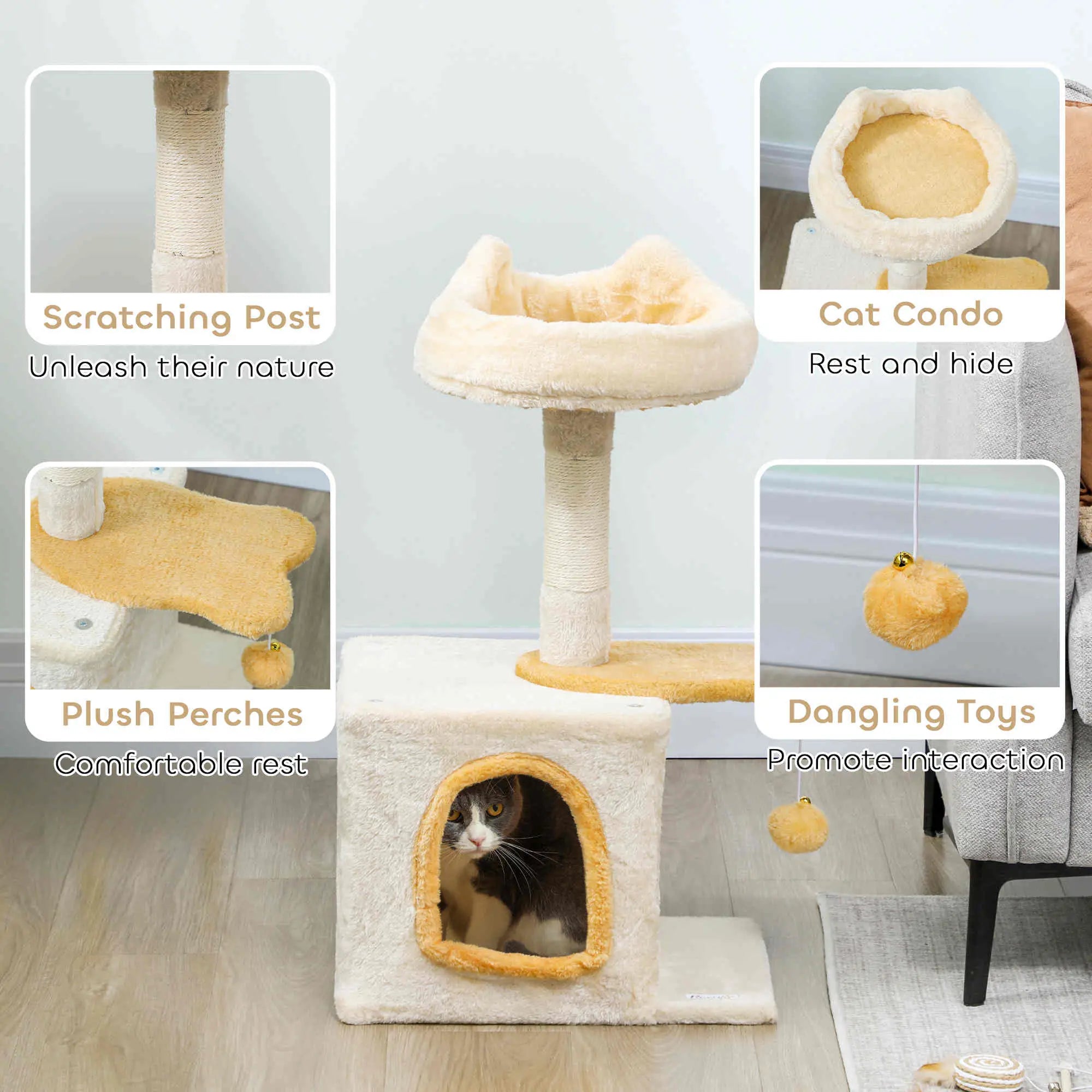 28 Inch Cat Tree Tower with Plush Bed, Condo, Sisal Post, Perch, Dangling Ball, Beige and Yellow Cat Posts at Gallery Canada