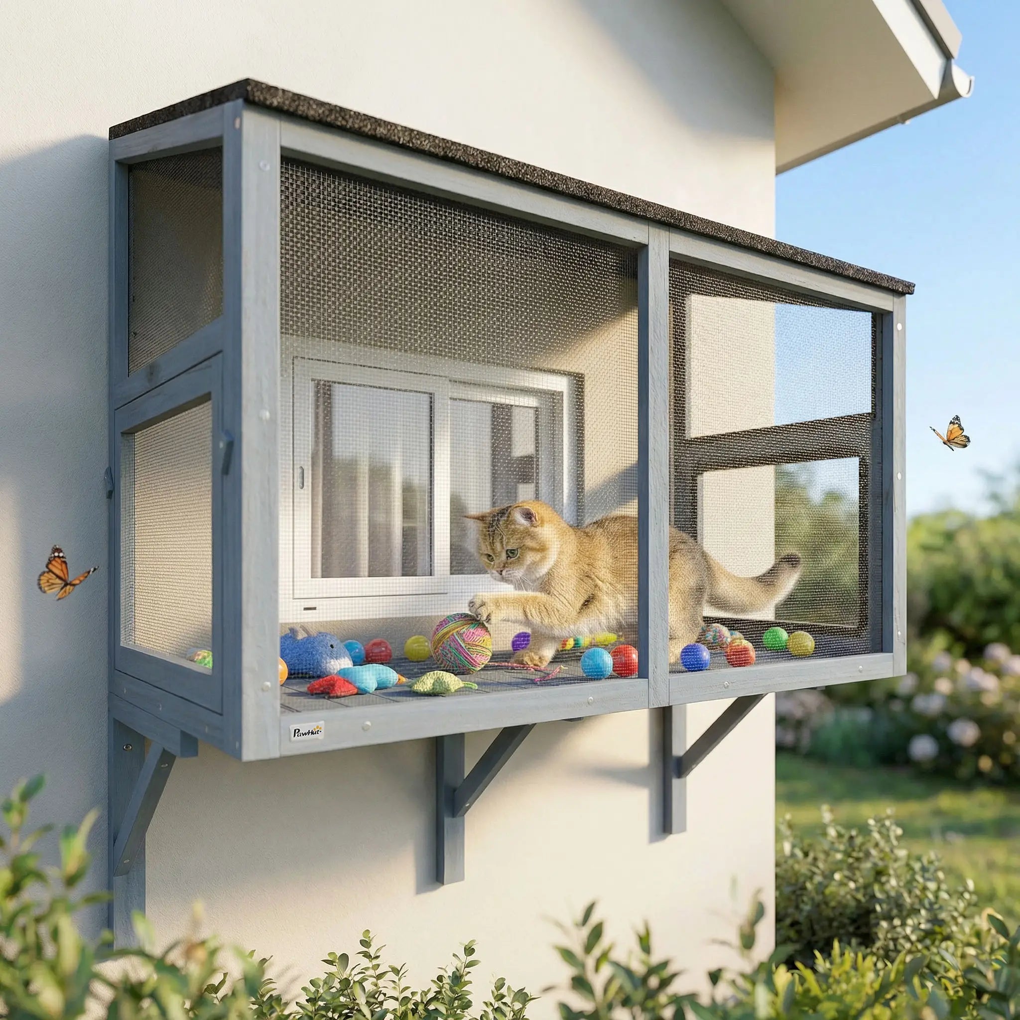 Outdoor Cat Enclosure, Expandable Wooden Cat House, 39.4