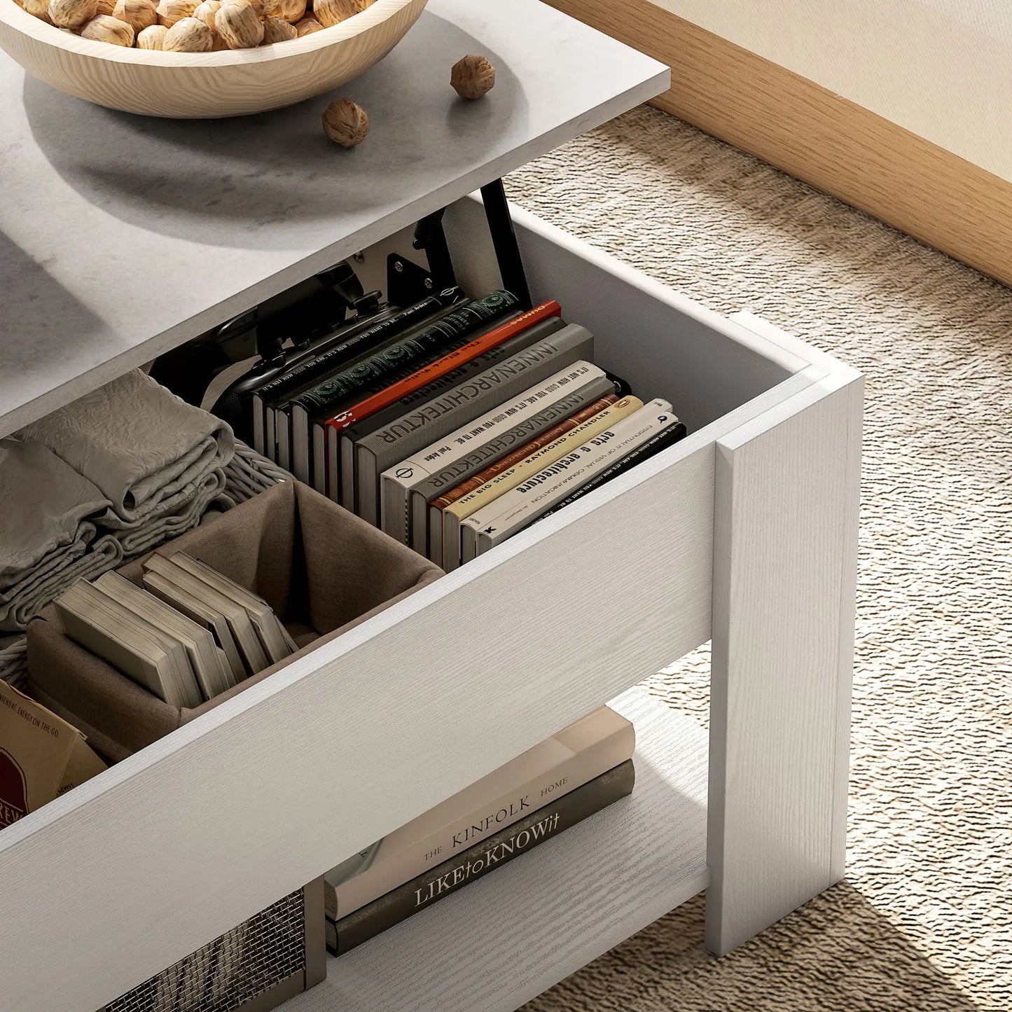 Lift Top Coffee Table, Hidden Storage, Open Shelf, White Coffee Tables at Gallery Canada