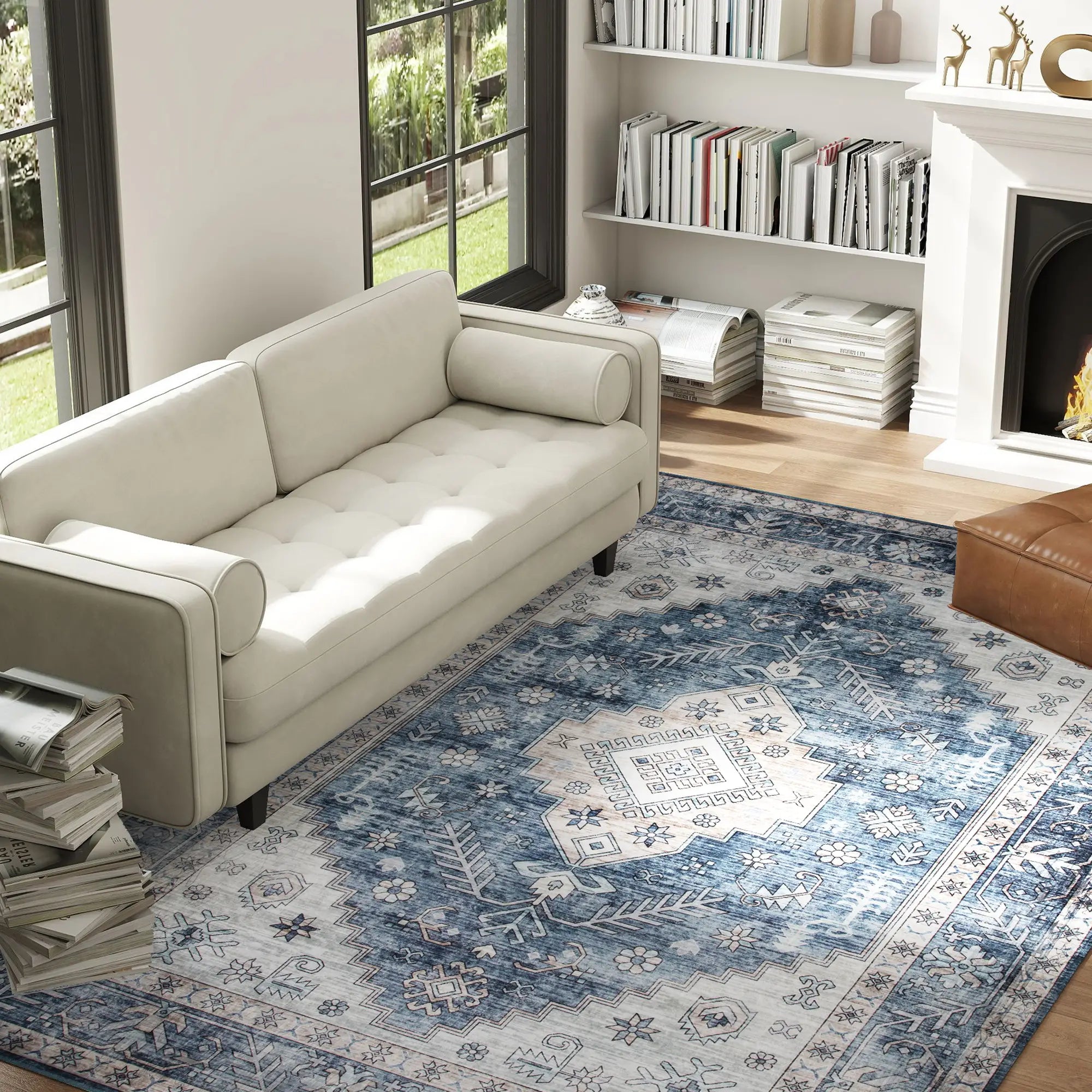 6x9 Vintage Washable Non-Slip Rug, for Living Room, Bedroom, Blue Living Room Furniture at Gallery Canada