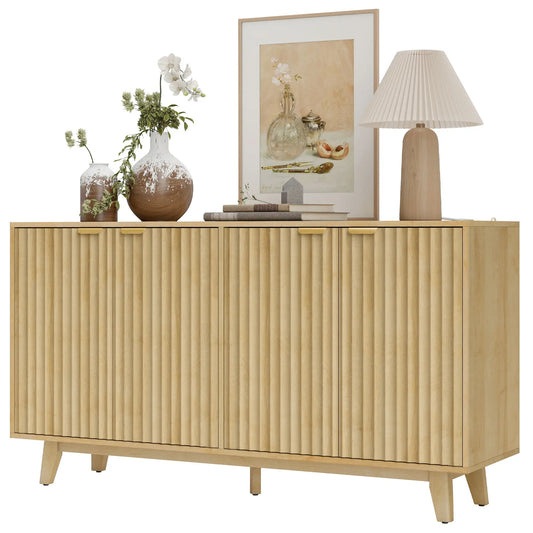 Fluted Sideboard Buffet, 55" Coffee Bar Cabinet, 4 Doors, 2 Shelves, Nature Wood Storage Cabinets Natural at Gallery Canada