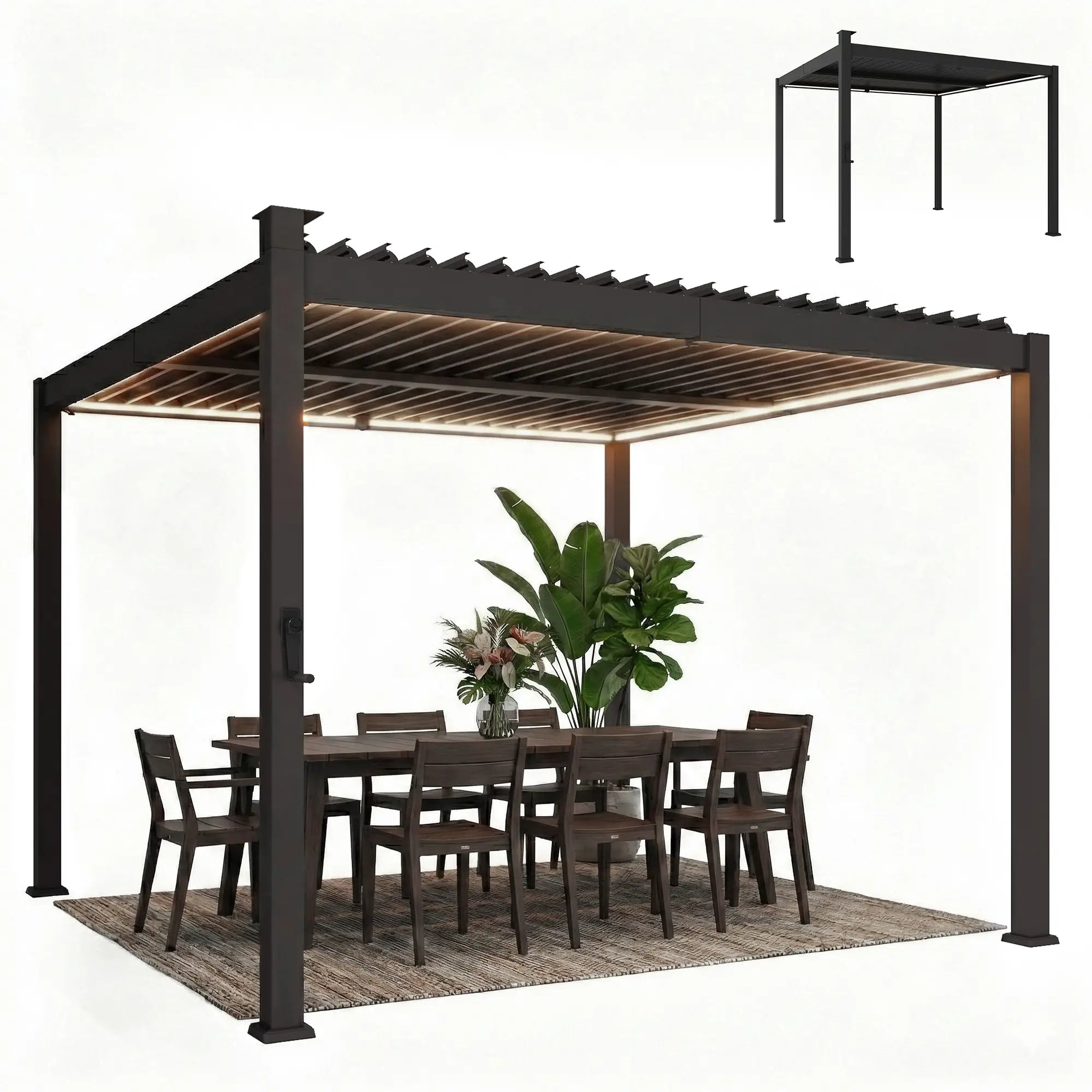 10 x 10 ft Louvered Pergola with Solar LED lights, Metal Roof, Outdoor Pergola Gazebo with Drainage Gutters, Black Pergolas Black at Gallery Canada