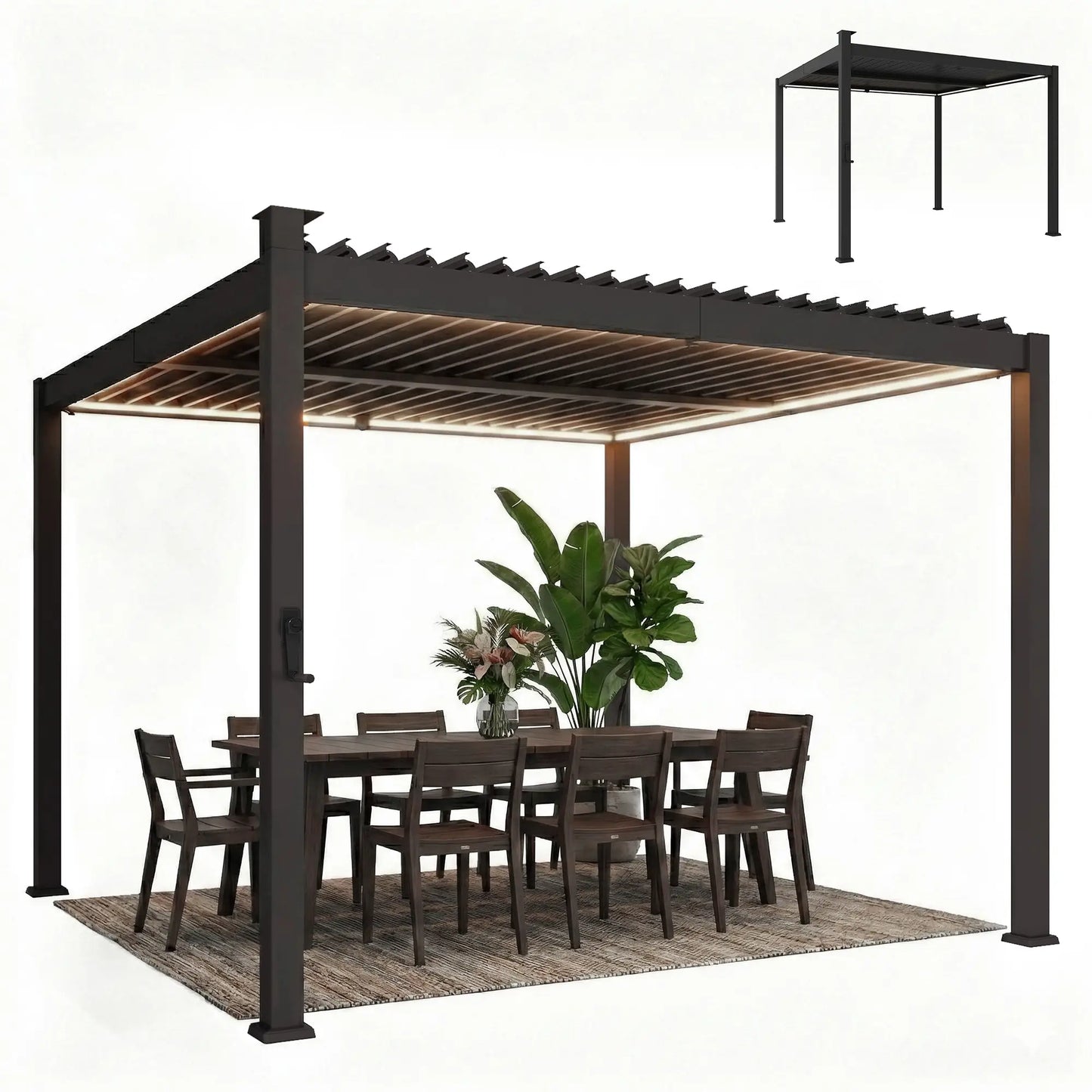 10 x 10 ft Louvered Pergola with Solar LED lights, Metal Roof, Outdoor Pergola Gazebo with Drainage Gutters, Black Pergolas Black at Gallery Canada