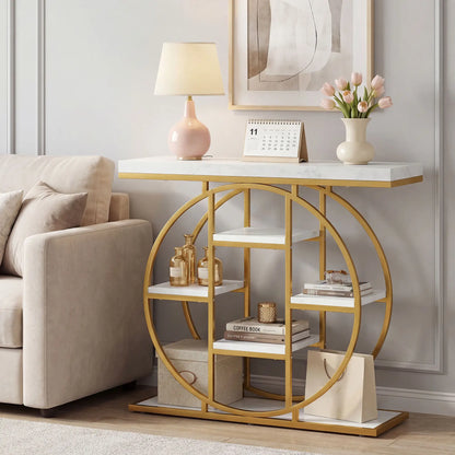 39.4" Console Table With Storage Shelves, White Marble Effect, White Console Tables at Gallery Canada