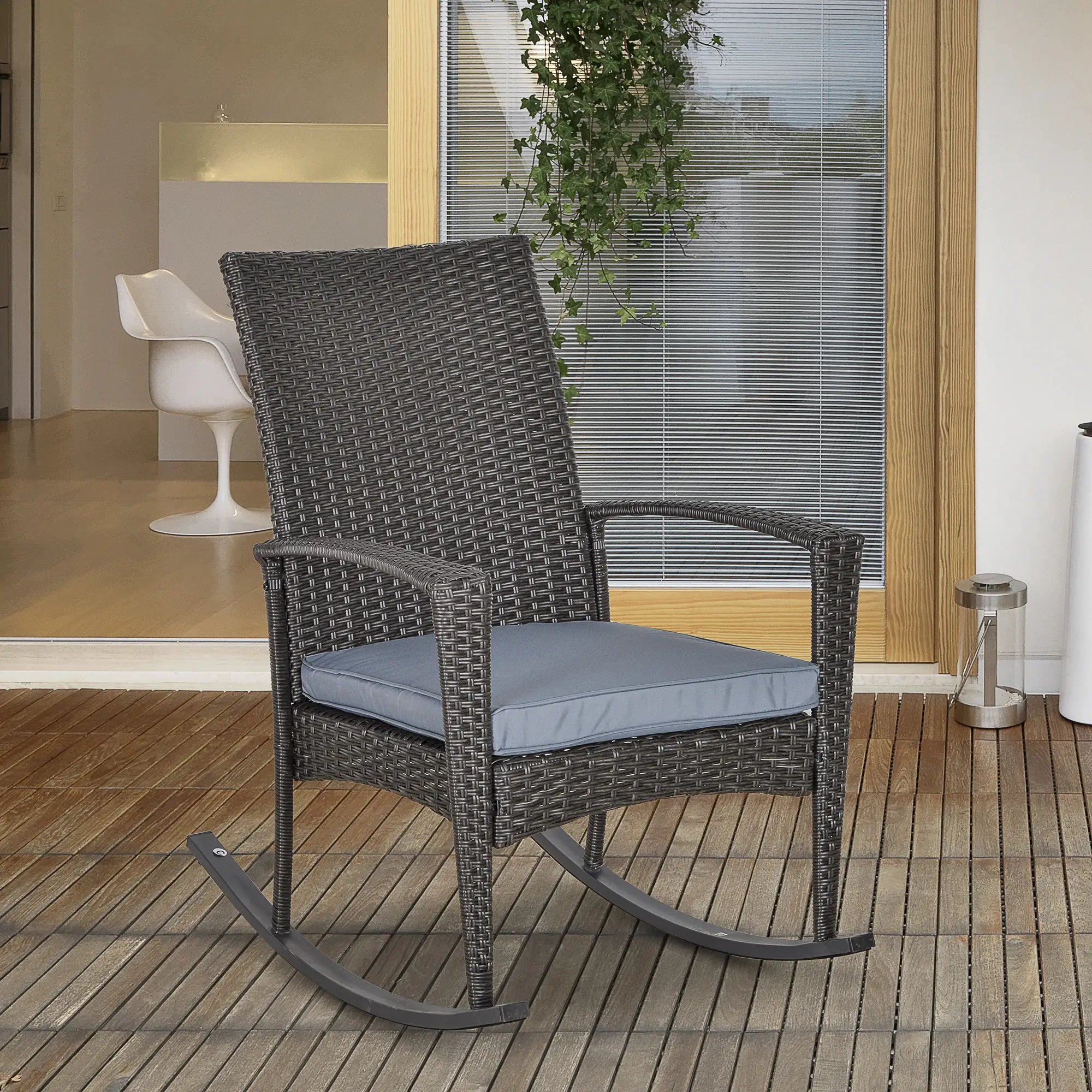 Outdoor PE Rattan Rocking Chair, Garden Glider Rocking Chair, Wicker Patio Chair Set with Armrest and Cushion, Grey Patio Chairs at Gallery Canada
