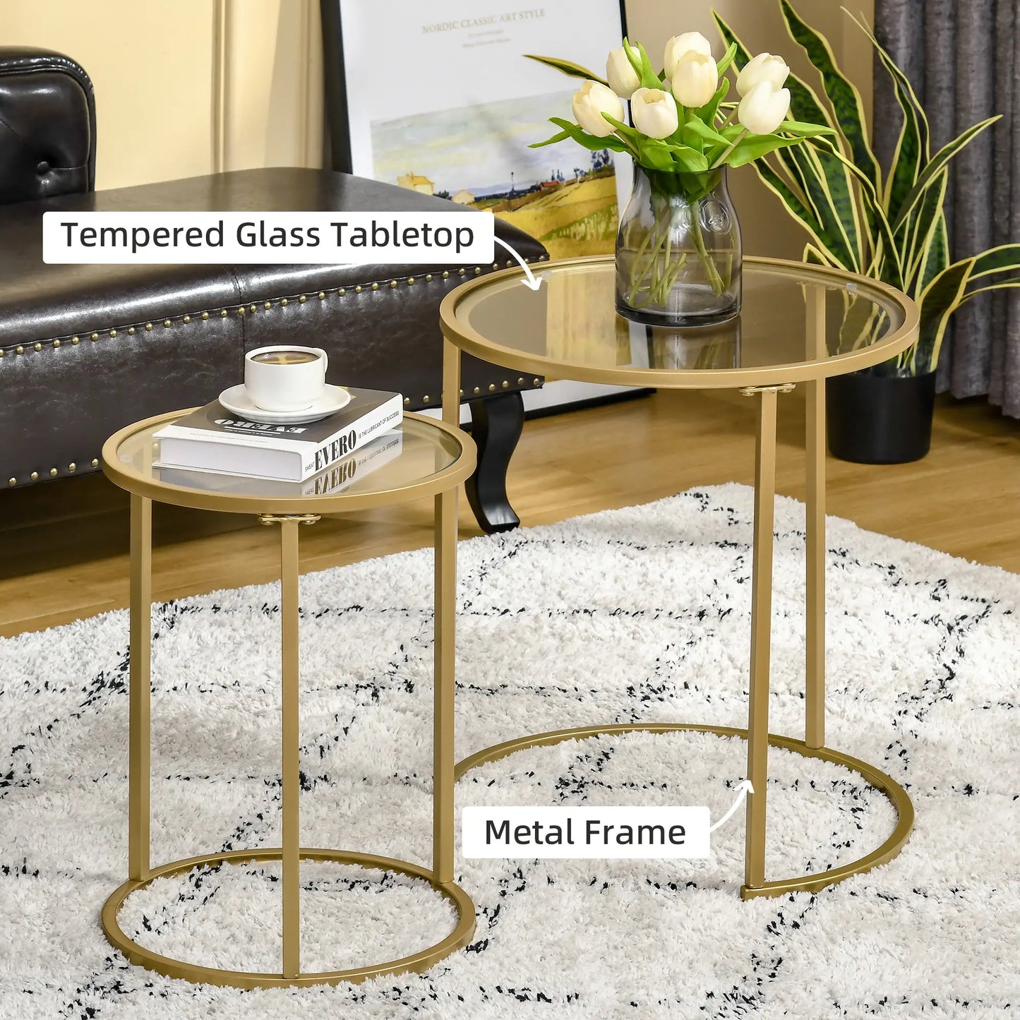 Set of 2 Nesting Coffee Tables, Round Side Table with Tempered Glass, Gold Side Tables at Gallery Canada